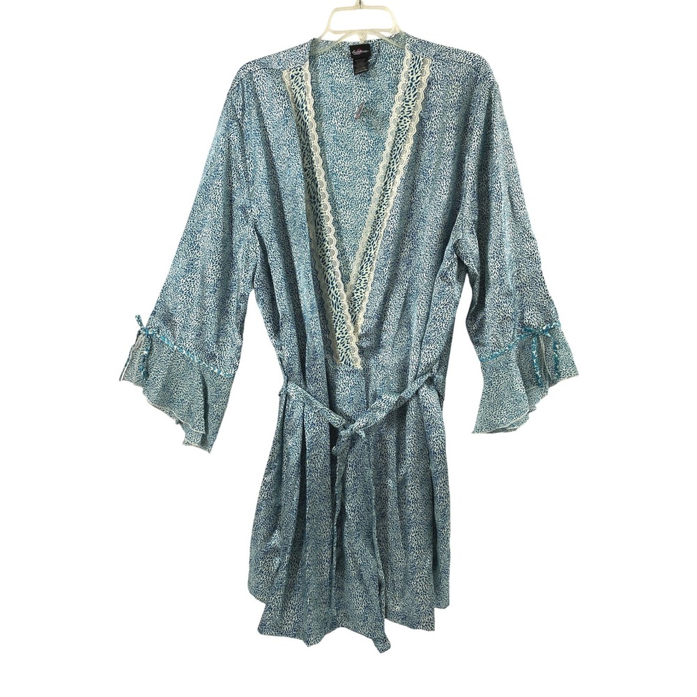 Secret Treasures Kimono Robe Womens 3X Satin Wrap Teal Print Lace Trim Belted